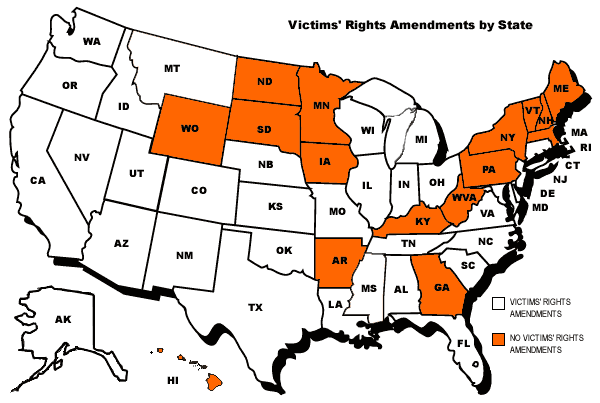 Map of the US with Victims' Rights indicated in orange and white